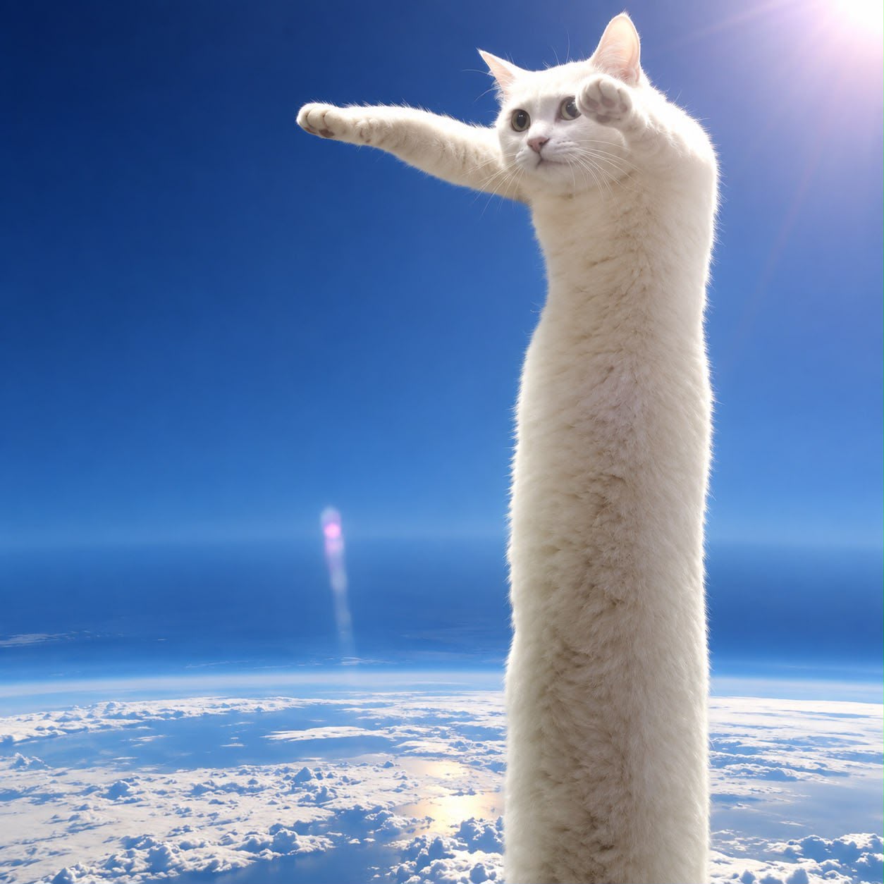 A very long white cat reaching out above Earth from the edge of space